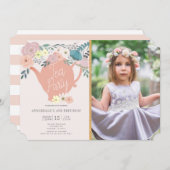 ピンクフローラガールティーパーティーフォト誕生日 招待状 (正面/裏面)