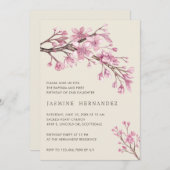 ピンクフローラガールバプティスファースト誕生日 招待状 (正面/裏面)