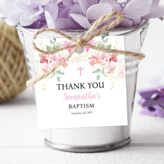 ピンクフローラガールバプテスマメッセージカード フェイバータグ