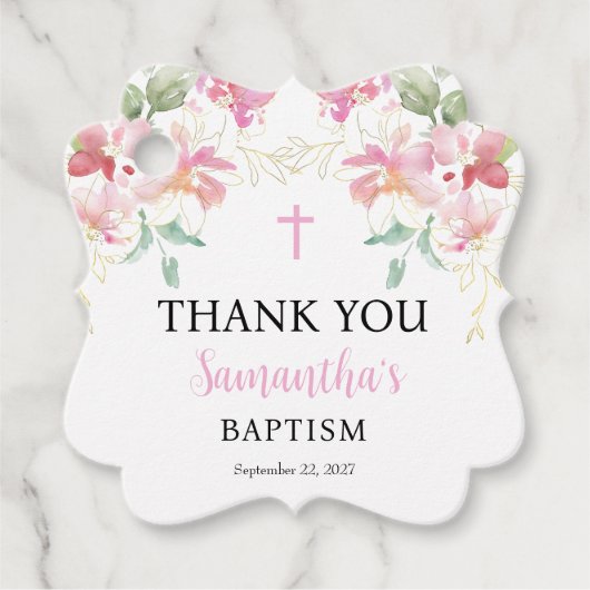 ピンクフローラガールバプテスマメッセージカード フェイバータグ (正面)