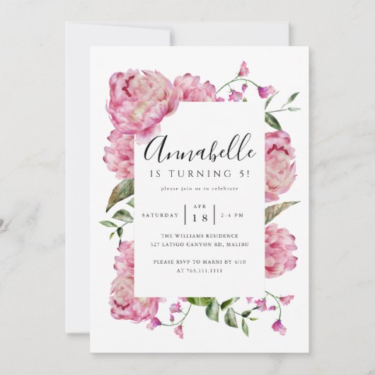 ピンクフローラガールバースデーパーティー 招待状 (正面)