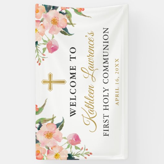 ピンクフローラガールファースト聖体拝領バナー 横断幕 (縦)