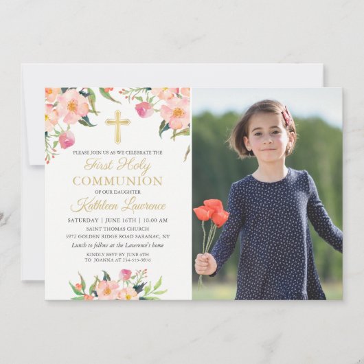 ピンクフローラガールファースト聖体拝領フォト招待状 招待状 (正面)