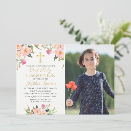 ピンクフローラガールファースト聖体拝領フォト招待状 招待状 (スタンド正面)