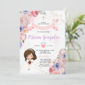 ピンクフローラガールファースト聖餐式金ゴールド十字架 招待状 (スタンド正面)