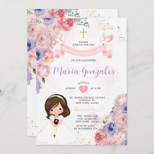 ピンクフローラガールファースト聖餐式金ゴールド十字架 招待状 (正面/裏面)