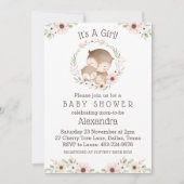 ピンクフローラガールフクロウのベビーシャワー 招待状 (正面)