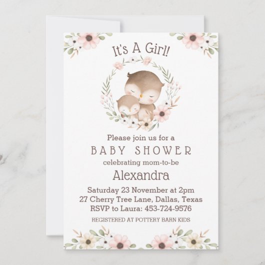 ピンクフローラガールフクロウのベビーシャワー 招待状 (正面)