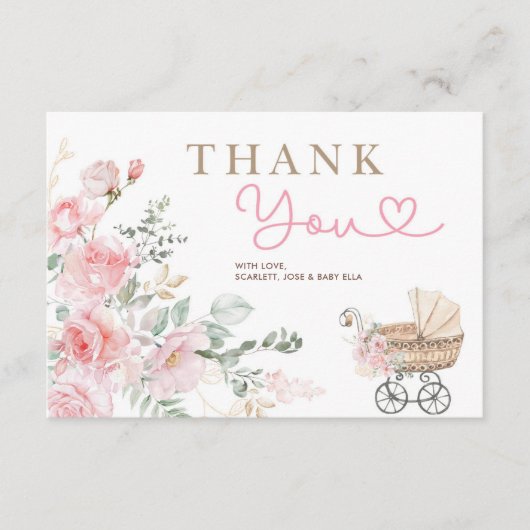 ピンクフローラガールベビーキャリッジシャワーありがとう エンクロージャーカード (正面)