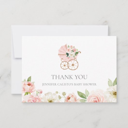 ピンクフローラガールベビーシャワーサンキューカード サンキューカード (正面)