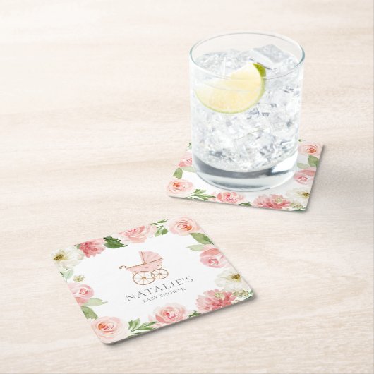 ピンクフローラガールベビーシャワースクエア紙コースター スクエアペーパーコースター (インサイチュ)