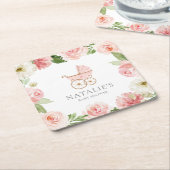 ピンクフローラガールベビーシャワースクエア紙コースター スクエアペーパーコースター (アングル)