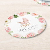 ピンクフローラガールベビーシャワーラウンド紙コースター ラウンドペーパーコースター (アングル)
