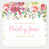 ピンクフローラガールベビーシャワー蔵書票 スクエアシール (正面)