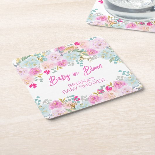ピンクフローラガールベビーシャワー スクエアペーパーコースター (アングル)