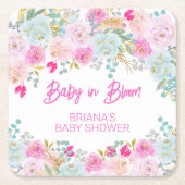 ピンクフローラガールベビーシャワー スクエアペーパーコースター (正面)