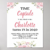 ピンクフローラガール誕生日タイムカプセルサイン ポスター (正面)