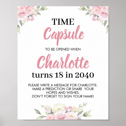 ピンクフローラガール誕生日タイムカプセルサイン ポスター (正面)