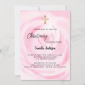 ピンクフローラガール金ゴールドクロス《キリスト教》洗礼式や命名式 招待状 (正面)