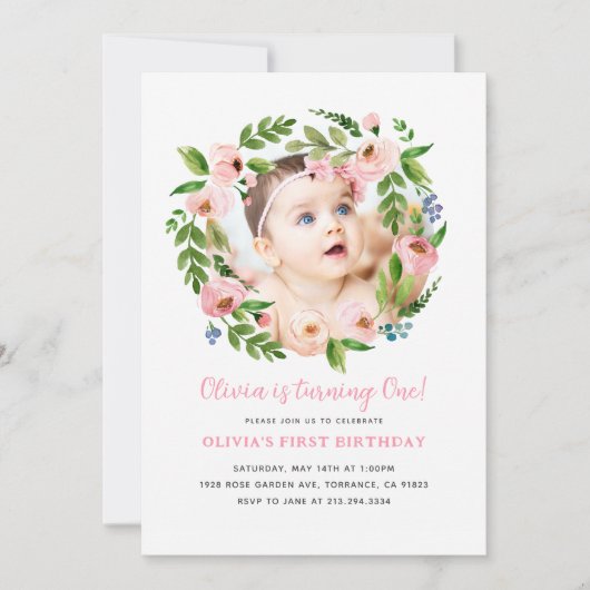 ピンクフローラガール1st誕生日招待状 |写真 招待状 (正面)