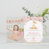 ピンクフローラキお洒落リンガール誕生日写真 招待状 (スタンド正面)