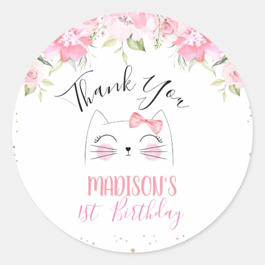 ピンクフローラキッテン顔アンドボウ誕生日 ラウンドシール (正面)