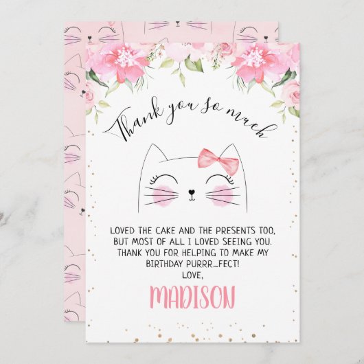 ピンクフローラキッテン顔誕生日サンキューカード 招待状 (正面/裏面)