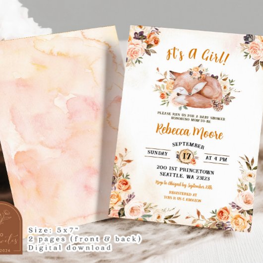 ピンクフローラキツネ森林赤ちゃんシャワー 招待状