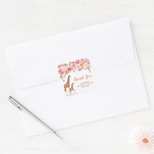 ピンクフローラキリンありがとうステッカー スクエアシール (封筒)