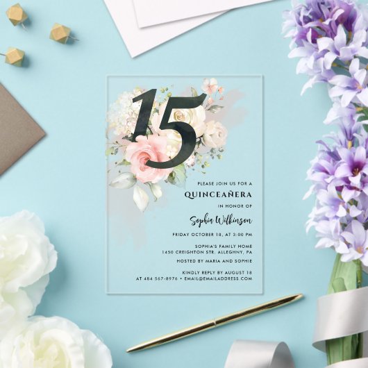 ピンクフローラキンセアニェラお祝い アクリル招待状 (インサイチュ (ウェディング))