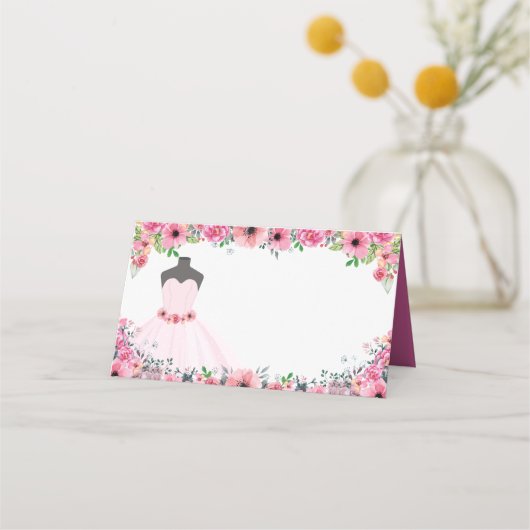 ピンクフローラキンセアニェラドレスパーティー 空白の プレイスカード (裏面)