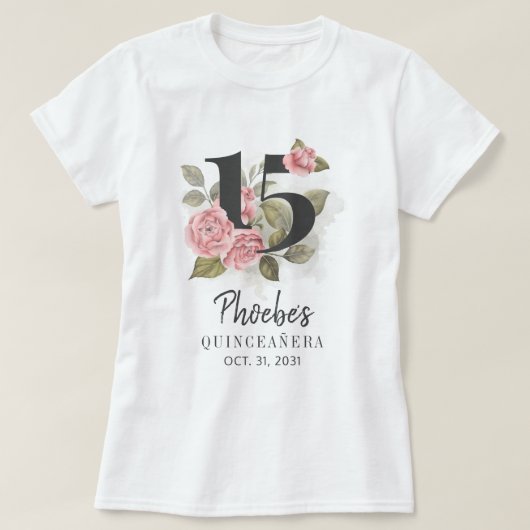 ピンクフローラキンセアニェラ娘15誕生日 Tシャツ (デザイン正面)