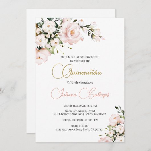 ピンクフローラキンセアニェラ招待 招待状 (正面/裏面)