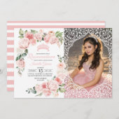 ピンクフローラキンセアニェラ誕生日フォト招待状 招待状 (正面/裏面)