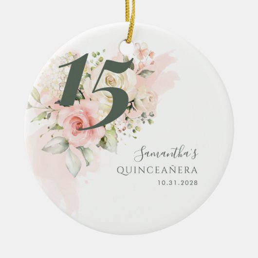 ピンクフローラキンセアニェラ15誕生日緑 セラミックオーナメント (正面)