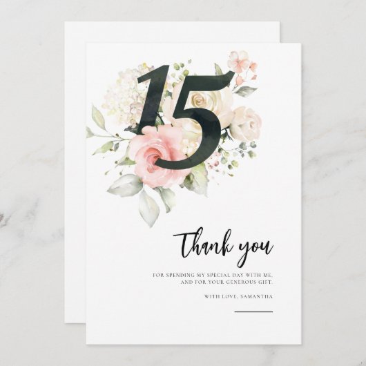 ピンクフローラキンセアニェラ15誕生日 サンキューカード (正面/裏面)