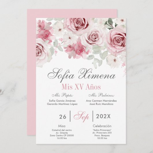 ピンクフローラキンセアニラスペインの 招待状 (正面/裏面)