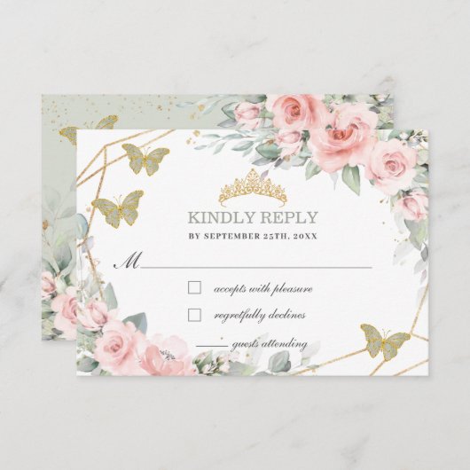 ピンクフローラキンセアニラセージグリーン蝶 出欠カード (正面/裏面)