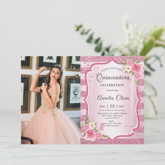 ピンクフローラキンセアニラ誕生日写真 招待状 (スタンド正面)