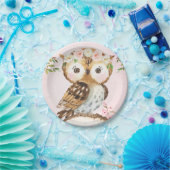 ピンクフローラクラウンフクロウ誕生日紙プレート ペーパープレート (パーティー)