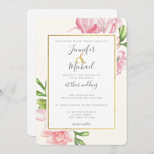ピンクフローラクラシー金ゴールドトリム結婚式招待状 招待状 (正面/裏面)