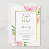 ピンクフローラクラシー金ゴールドトリム結婚式招待状 招待状 (正面)