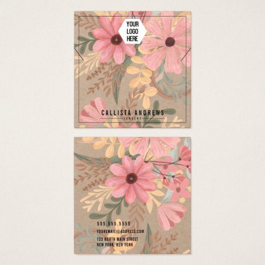 ピンクフローラクラフト紙ロゴネックレスディスプレイカード (正面&裏面)