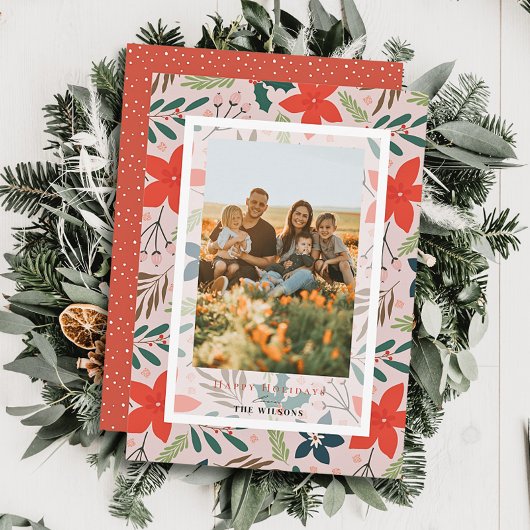 ピンクフローラクリスマスホリデーフォトカード 招待状