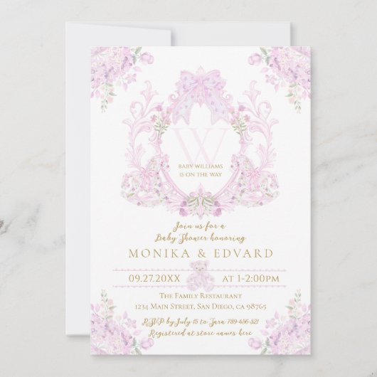 ピンクフローラクレスト女名門私立校風のの子の赤ちゃんシャワー 招待状 (正面)