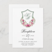 ピンクフローラクレスト結婚式レセプション エンクロージャーカード (正面/裏面)