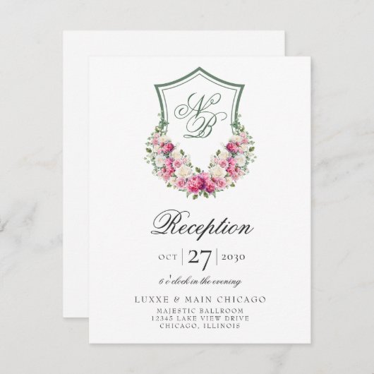 ピンクフローラクレスト結婚式レセプション エンクロージャーカード (正面/裏面)