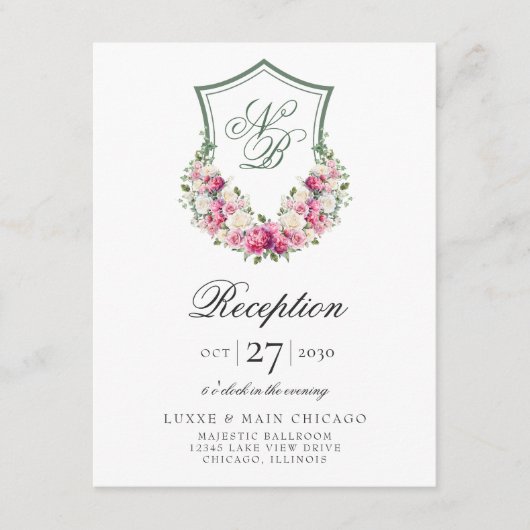 ピンクフローラクレスト結婚式レセプション エンクロージャーカード (正面)