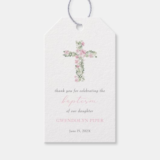 ピンクフローラクロスガールバプテスマメッセージカード ギフトタグ (正面)