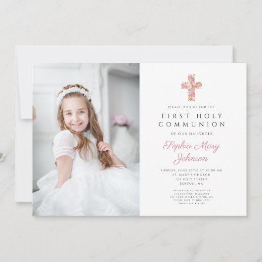 ピンクフローラクロスガール第一聖体写真 招待状 (正面)